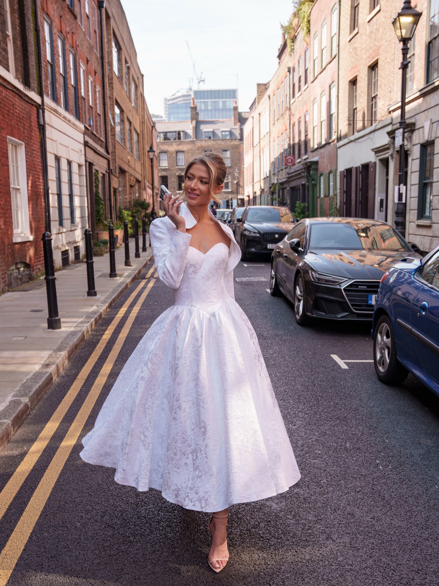 Catherine RB1021 - Brocade Tea Length Wedding Dress with Matching Bolero