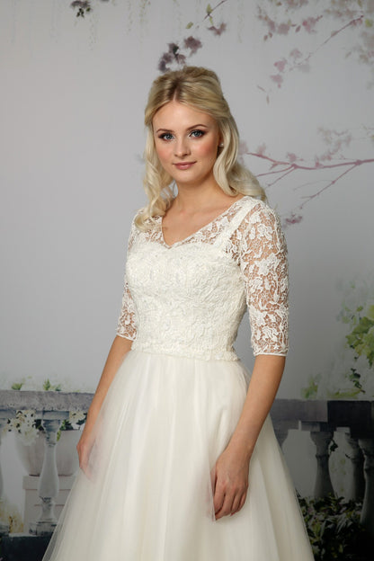 EB-Louise tea-length tulle gown with sweetheart neckline & 3/4 length sleeves