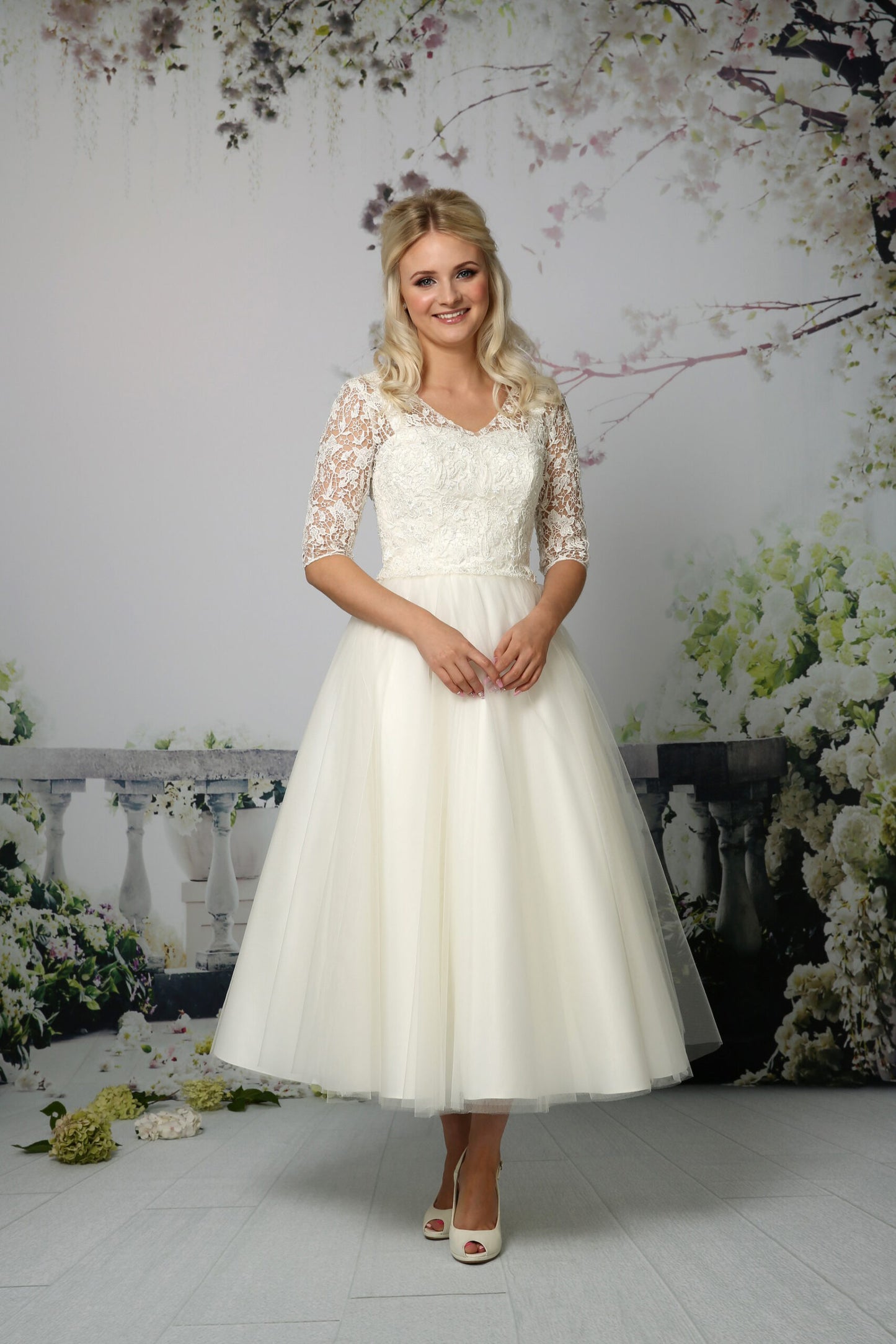 EB-Louise tea-length tulle gown with sweetheart neckline & 3/4 length sleeves