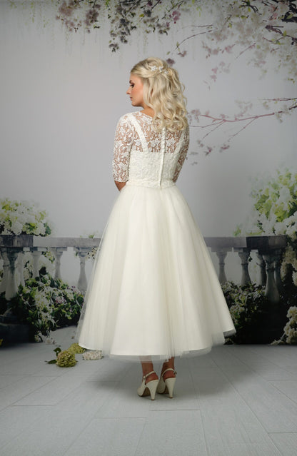 EB-Louise tea-length tulle gown with sweetheart neckline & 3/4 length sleeves