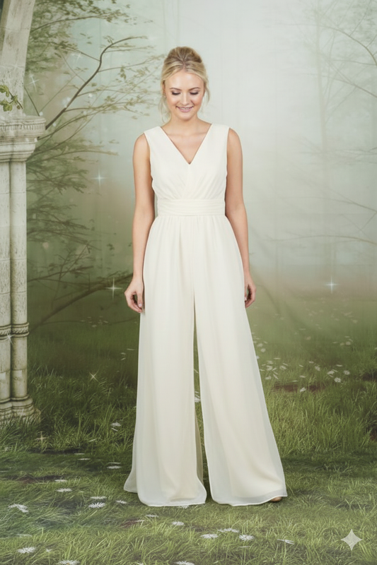 EB-Blair V-Neck Ruched Waist Jumpsuit Bridal Jumpsuit