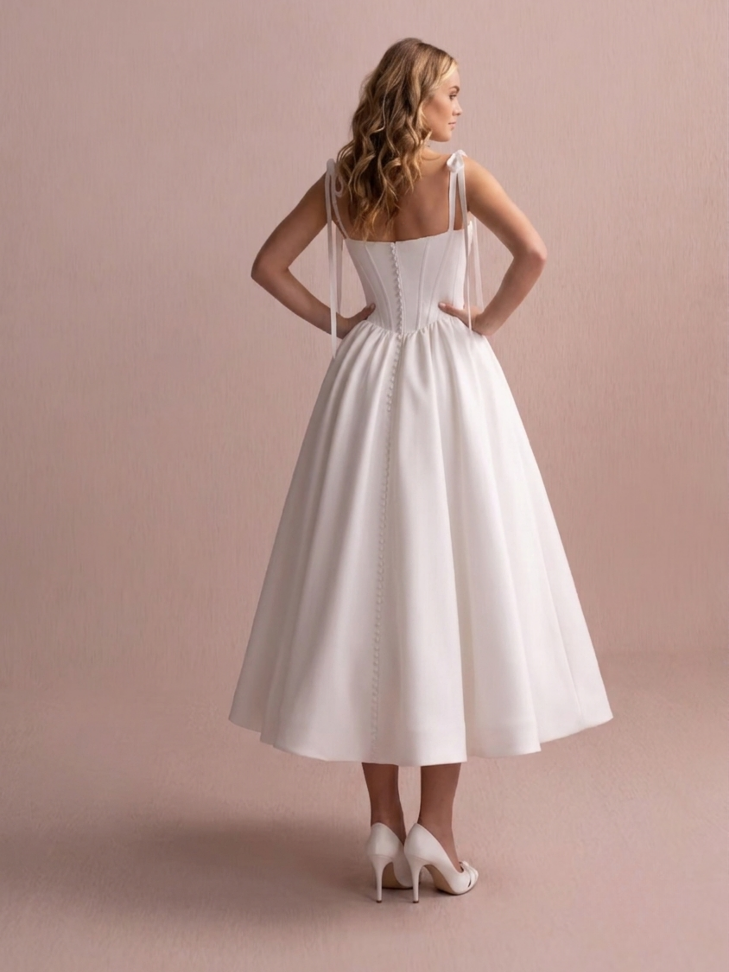 Basque Waist Satin Wedding Dress With Soft Shoulder Ties | mm-cara