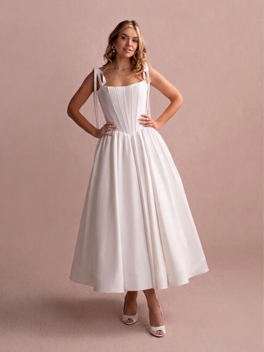 Basque Waist Satin Wedding Dress With Soft Shoulder Ties | mm-cara