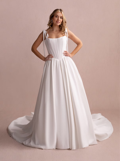 Basque Waist Satin Wedding Dress With Soft Shoulder Ties | mm-cara