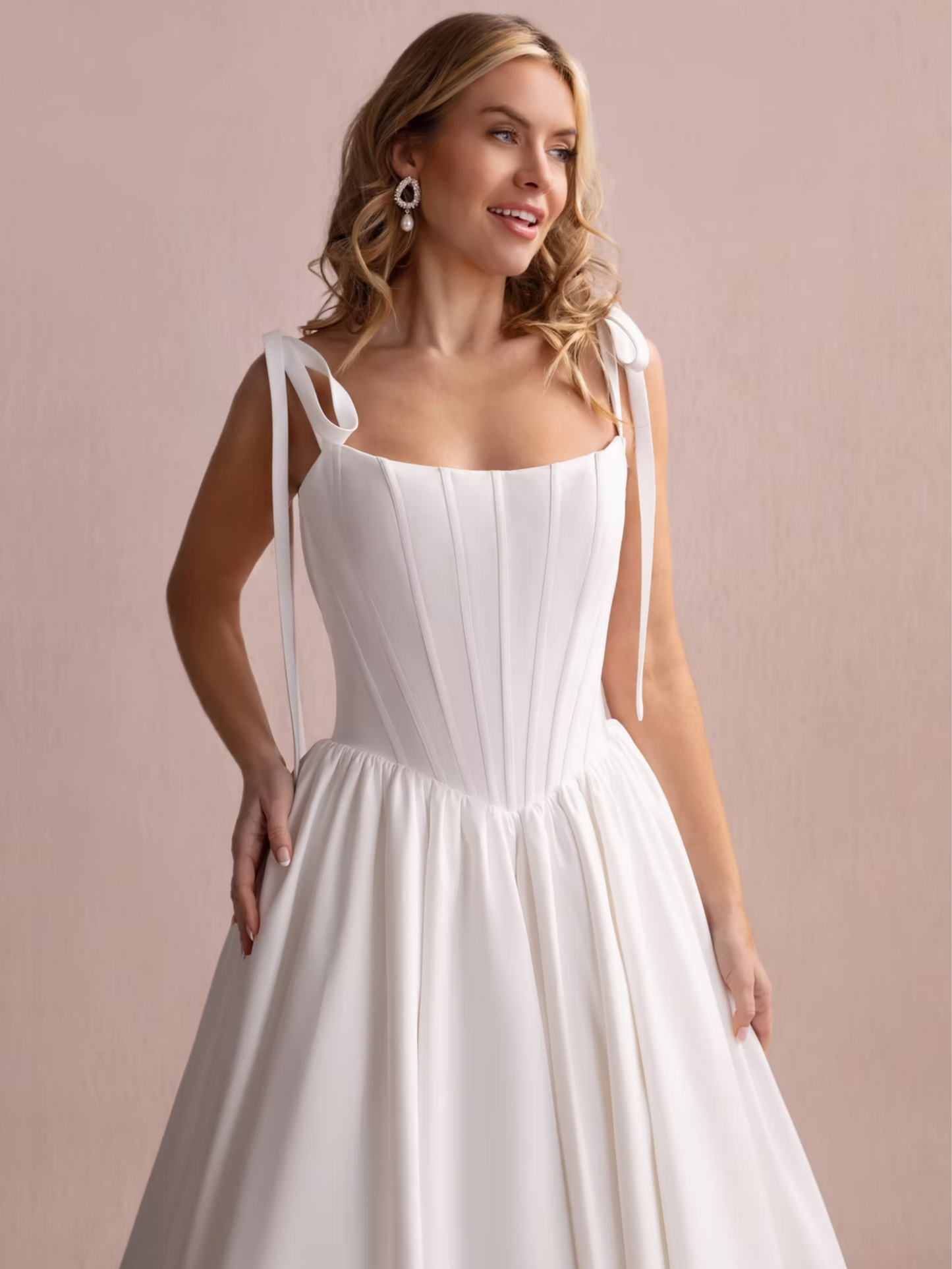 Basque Waist Satin Wedding Dress With Soft Shoulder Ties | mm-cara