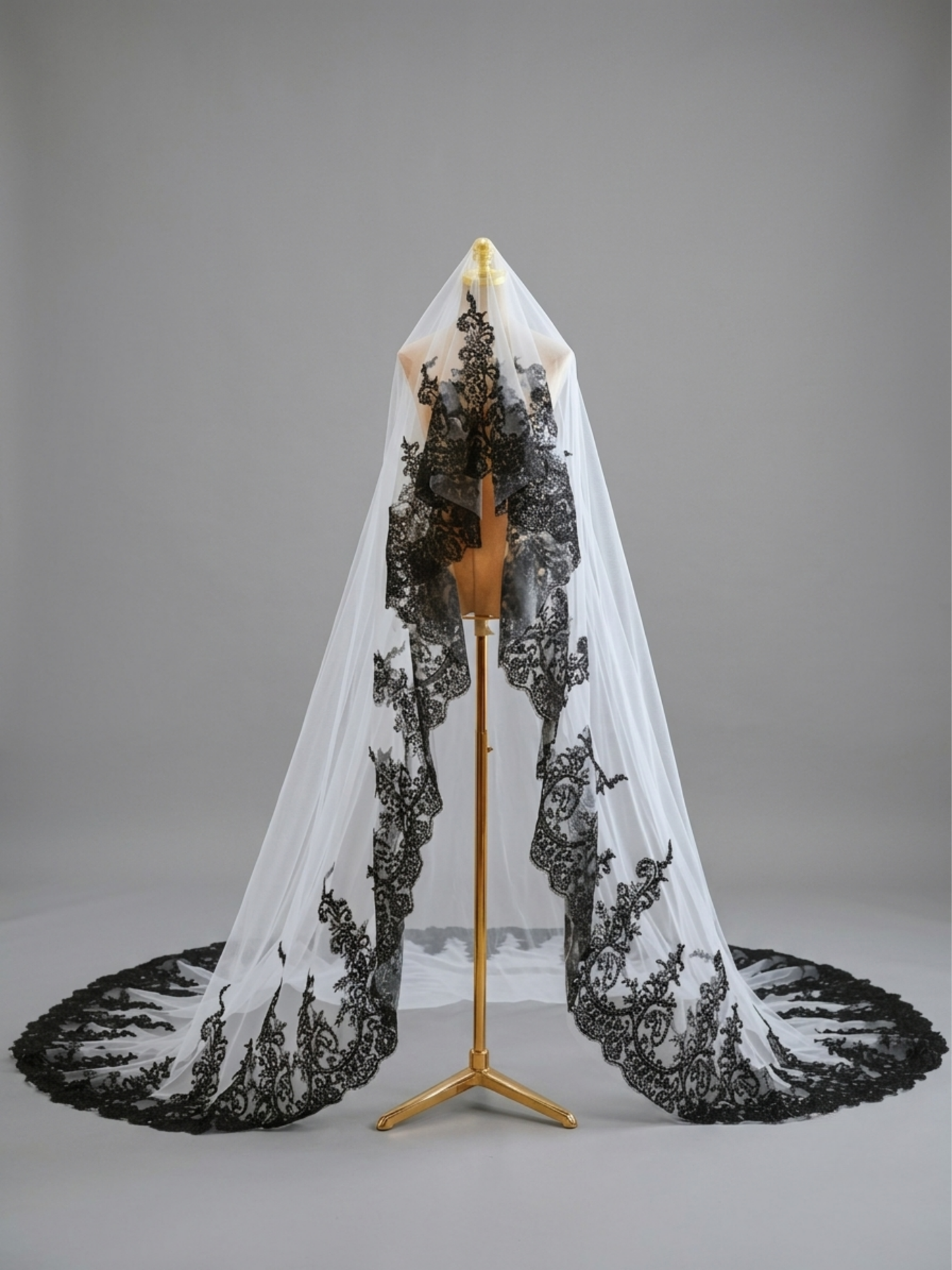 Dramatic Cathedral Length Wedding Veil with Ornate Black Lace Appliqué