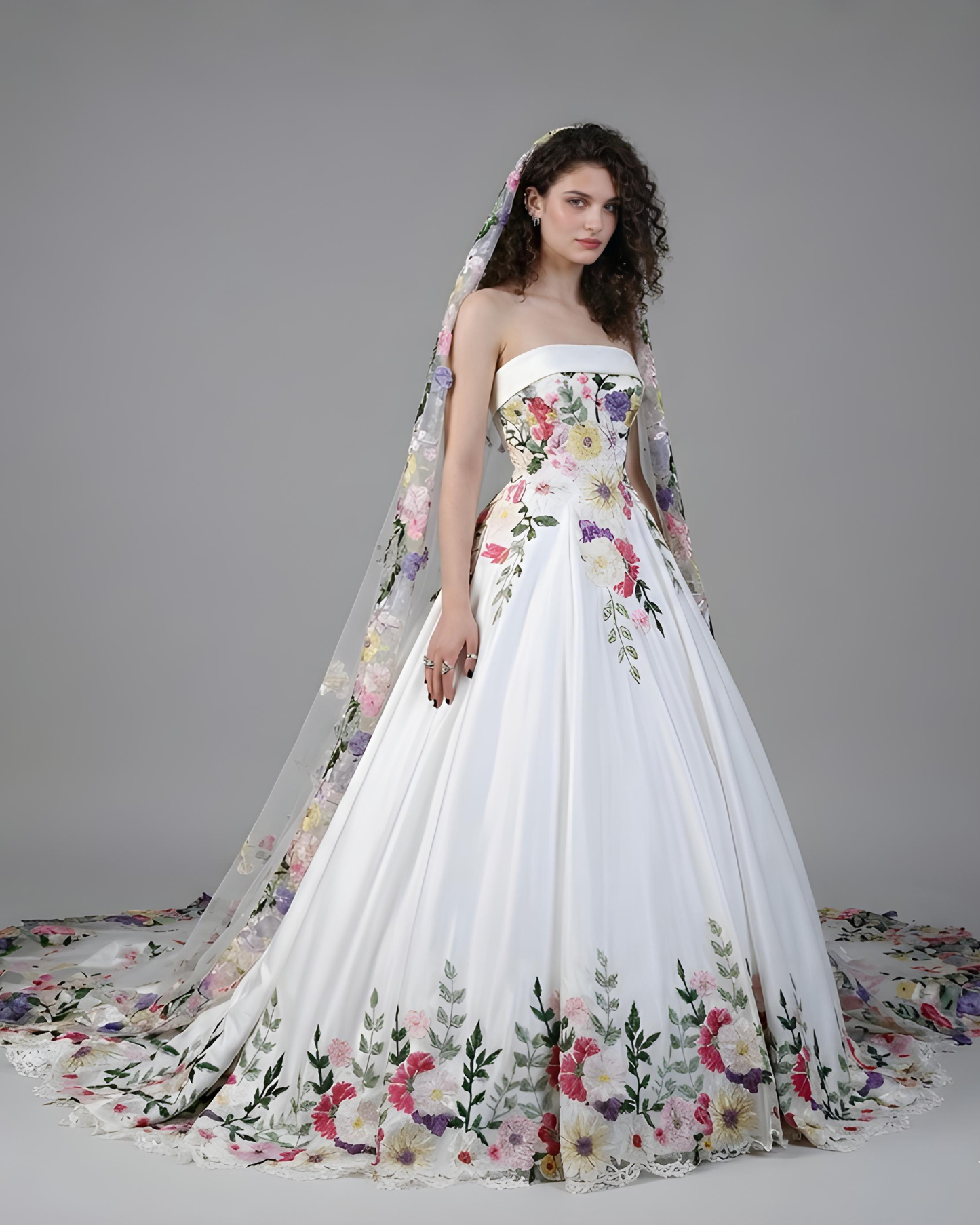 Fauna - Whimsical Satin Ball Gown with Floral Lace