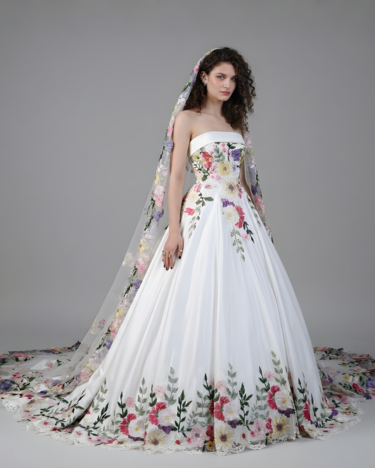Fauna - Whimsical Satin Ball Gown with Floral Lace