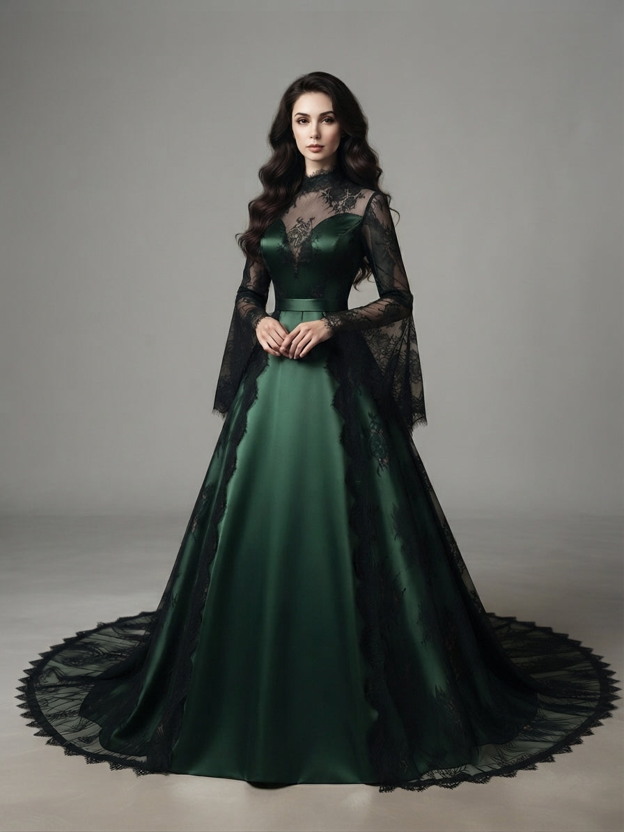 Wren – Vintage Lace Gothic Ball Gown With Bell Sleeves