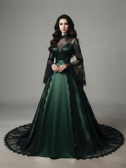 Wren – Vintage Lace Gothic Ball Gown With Bell Sleeves