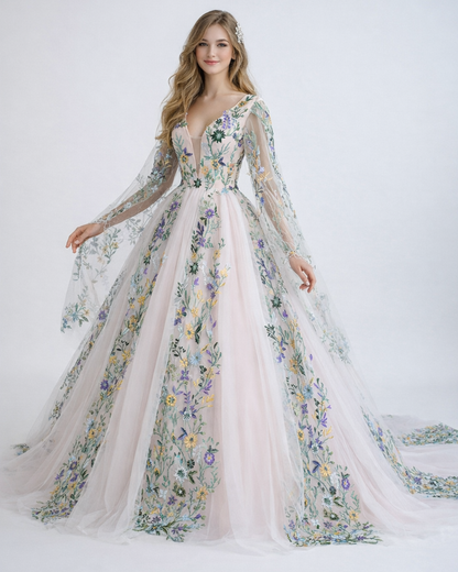 FLORA – A-Line Floral Lace Wedding Dress with Flutter Sleeves