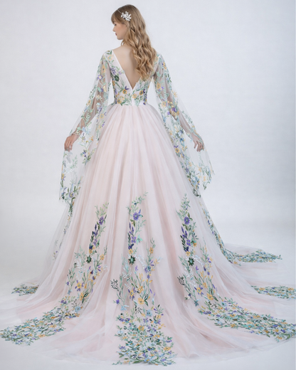 FLORA – A-Line Floral Lace Wedding Dress with Flutter Sleeves