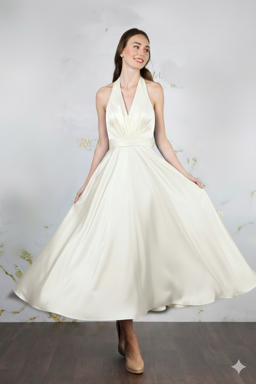 Tea length satin gown with full skirt | rd-carrie