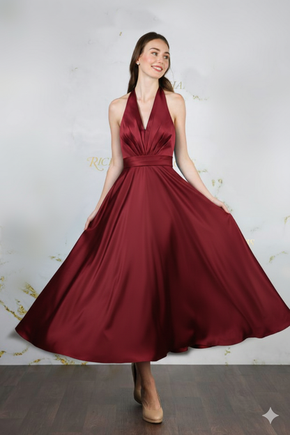 Tea length satin gown with full skirt | rd-carrie