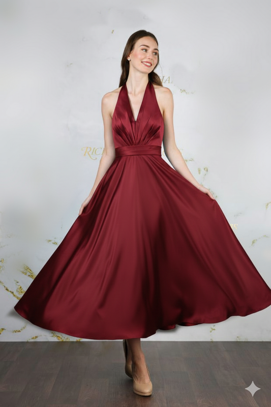 Tea length satin gown with full skirt | rd-carrie