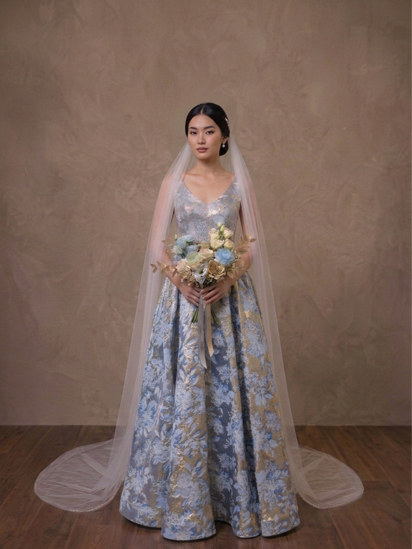 Genevieve – Floral Brocade Pleated Gown Dress in Gold and Sky Blue
