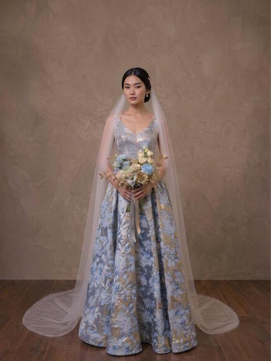 Genevieve – Floral Brocade Pleated Gown Dress in Gold and Sky Blue