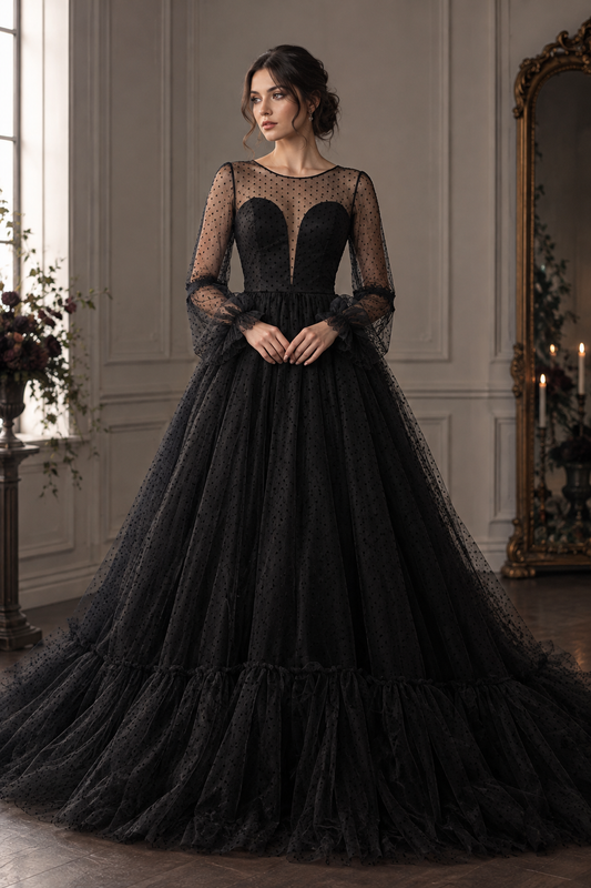 Vivienne – Dramatic Black Polka Dot Tulle Ball Gown
