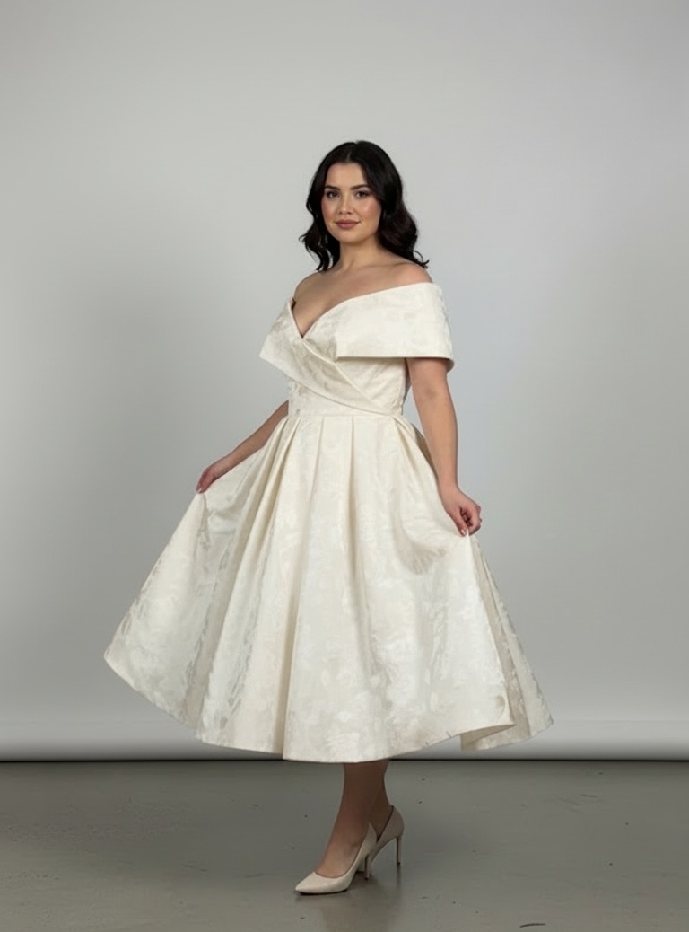 86-Hazel 1950s Off-the-Shoulder Jacquard Tea-Length Dress