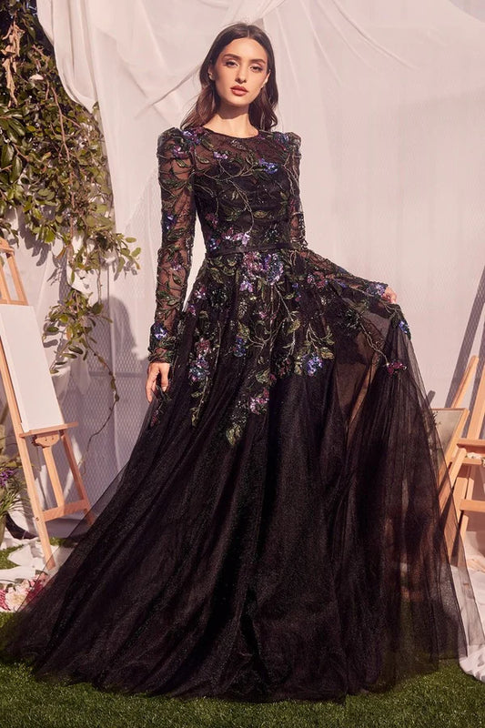 Long Sleeve Jewel-Tone Floral Tulle Ball Gown AL-Sapphira