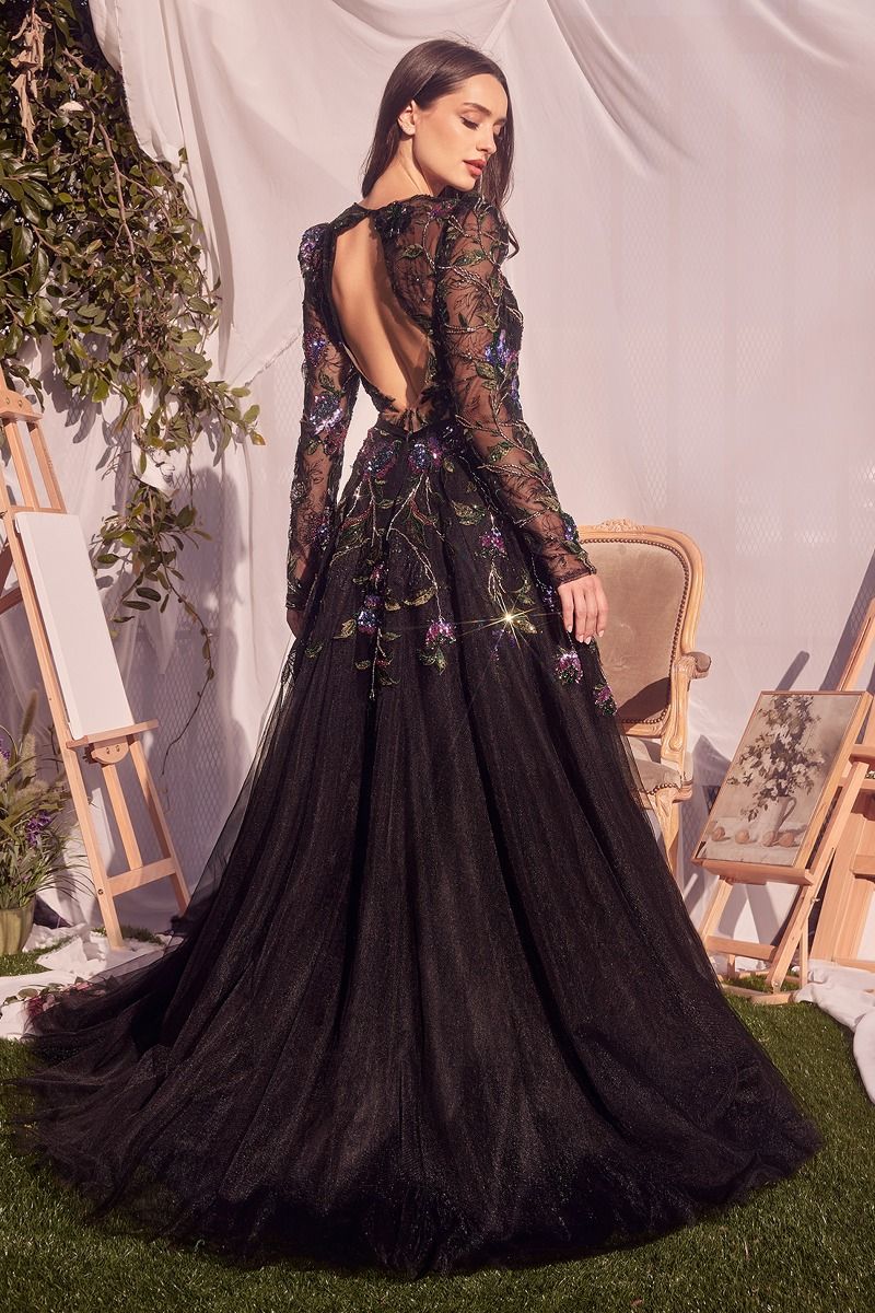 Long Sleeve Jewel-Tone Floral Tulle Ball Gown AL-Sapphira
