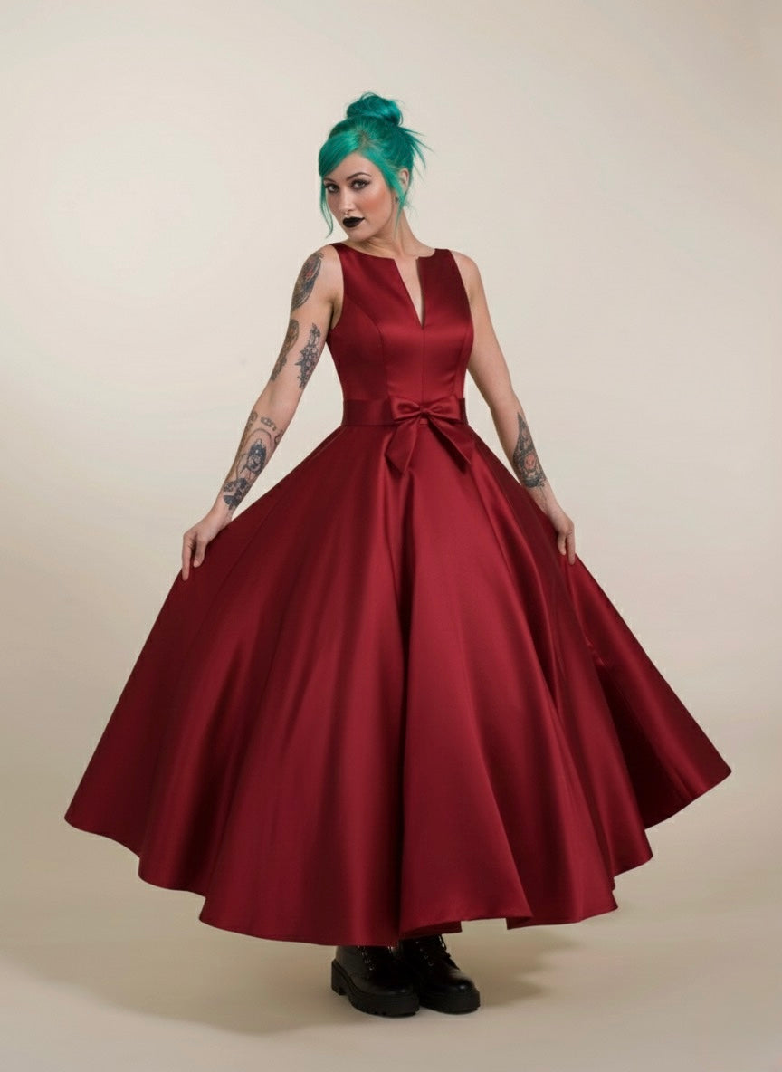 hn-veronica Brocade tea length wedding dress with subtle bow and elegant cut