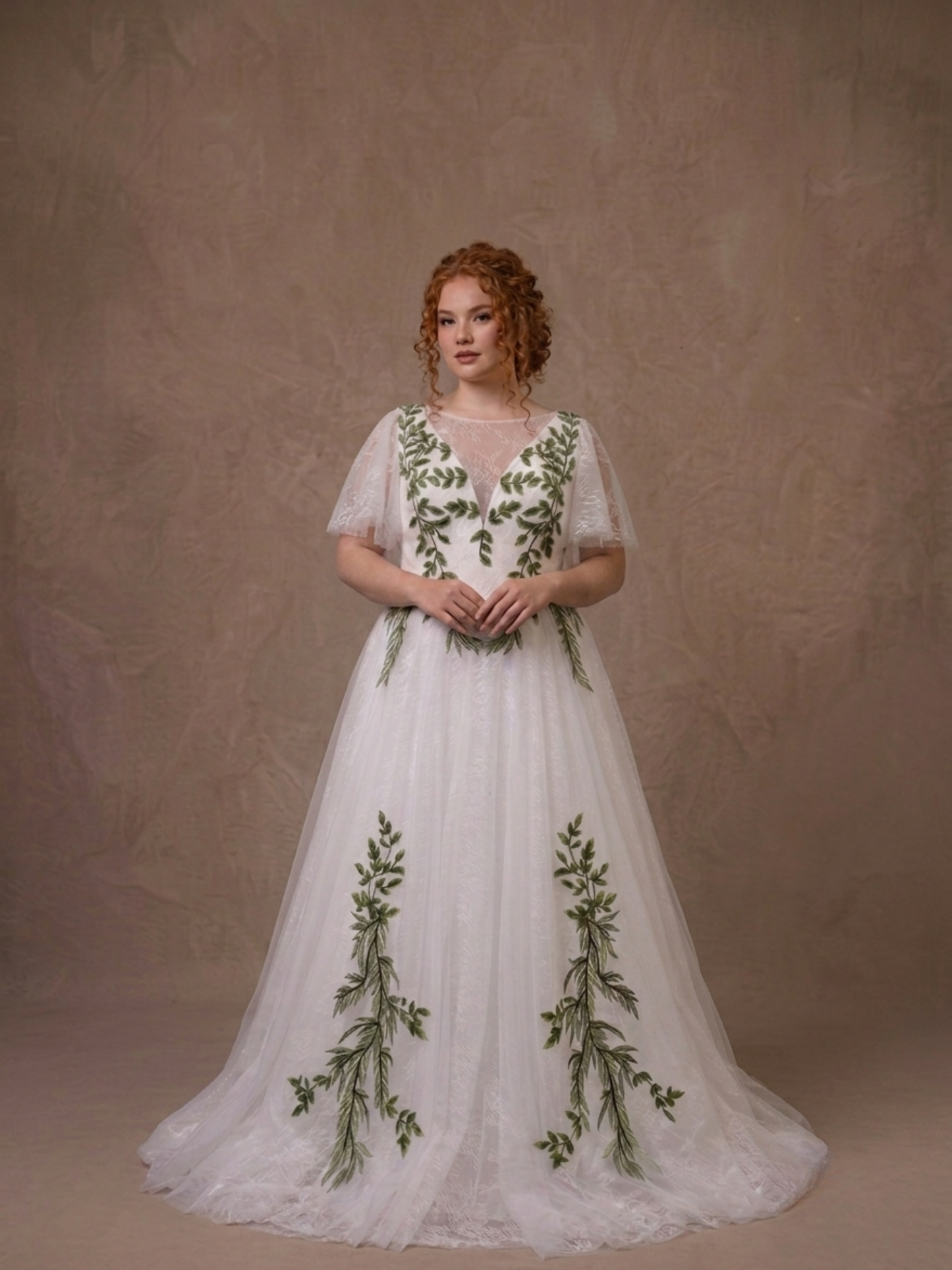 IVY | Ethereal Green Vine Embroidered Tulle Wedding Gown With Flutter Sleeves