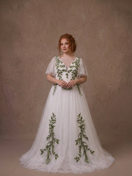 IVY | Ethereal Green Vine Embroidered Tulle Wedding Gown With Flutter Sleeves