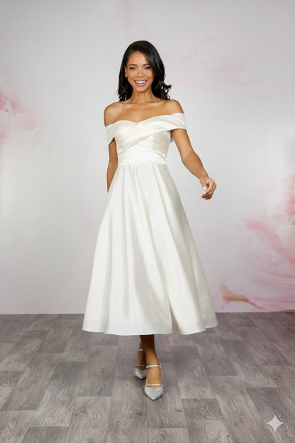 EB- Jane Off the Shoulder Satin Tea Length Gown
