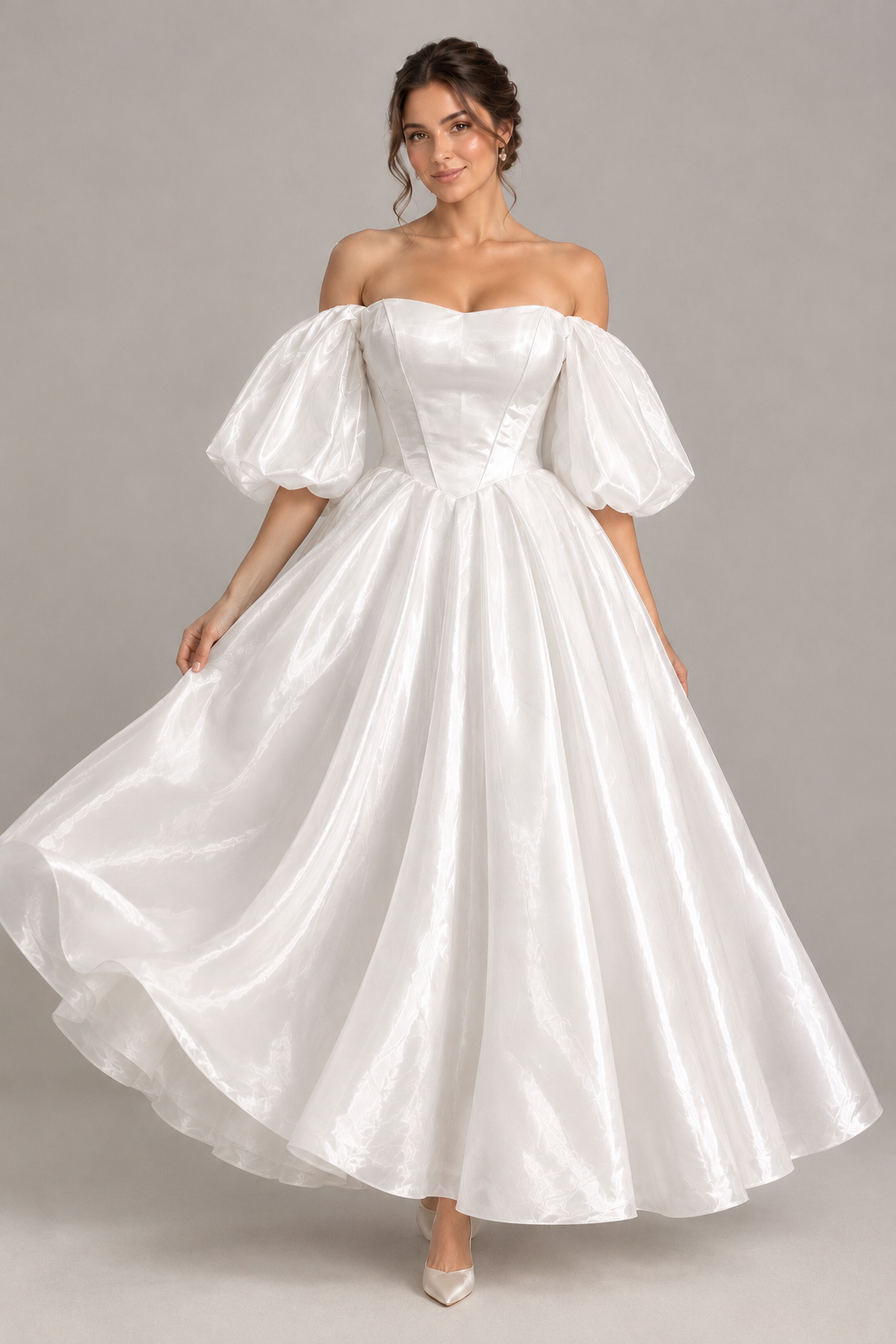 Lumina - Liquid Organza Off-the-Shoulder Tea Length Wedding Dress