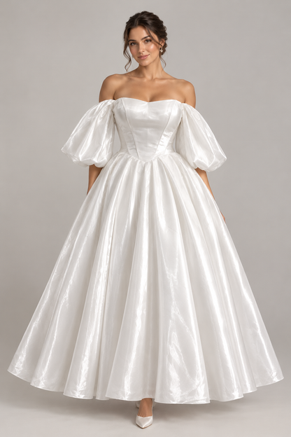 Lumina - Liquid Organza Off-the-Shoulder Tea Length Wedding Dress