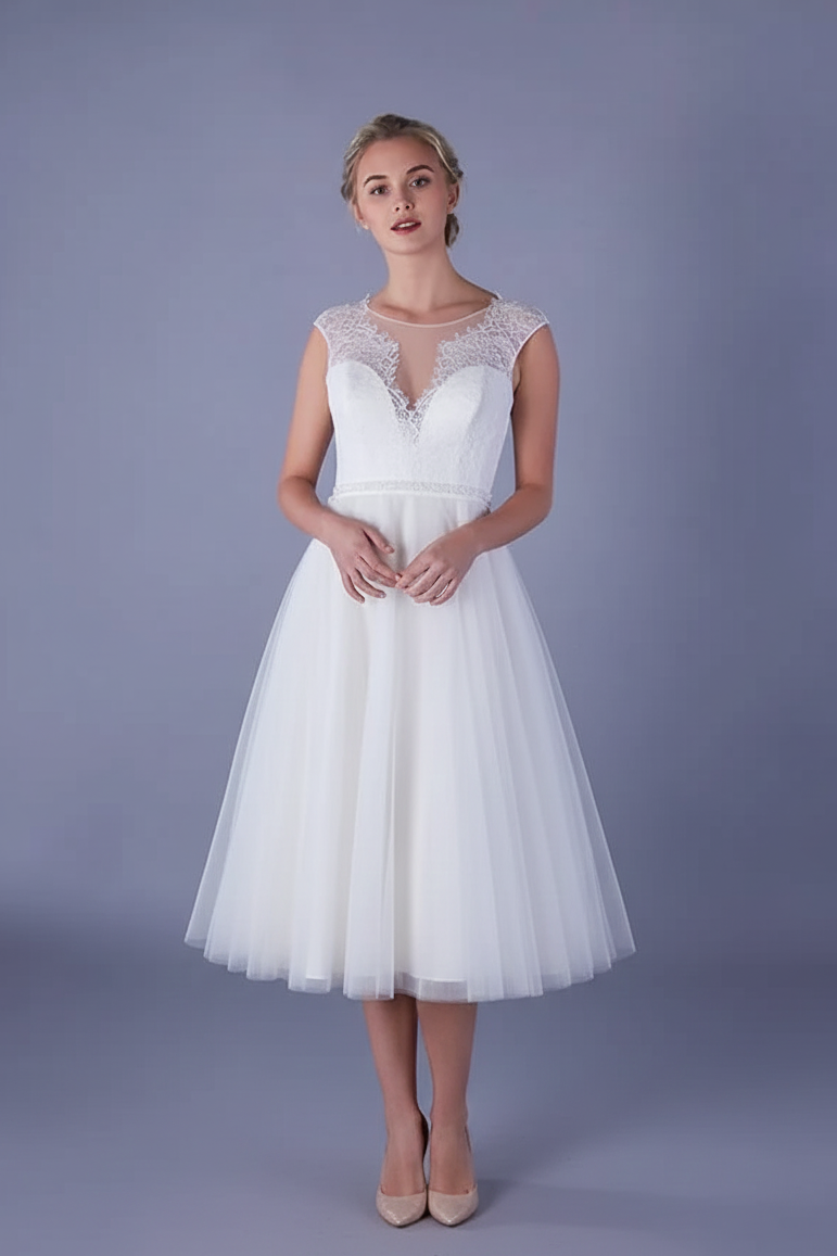 86-maia Tea length wedding gown with plunge lace illusion bodice and tulle skirt