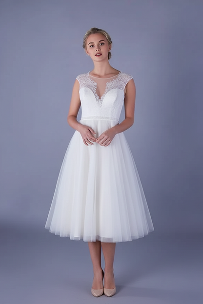 86-maia Tea length wedding gown with plunge lace illusion bodice and tulle skirt