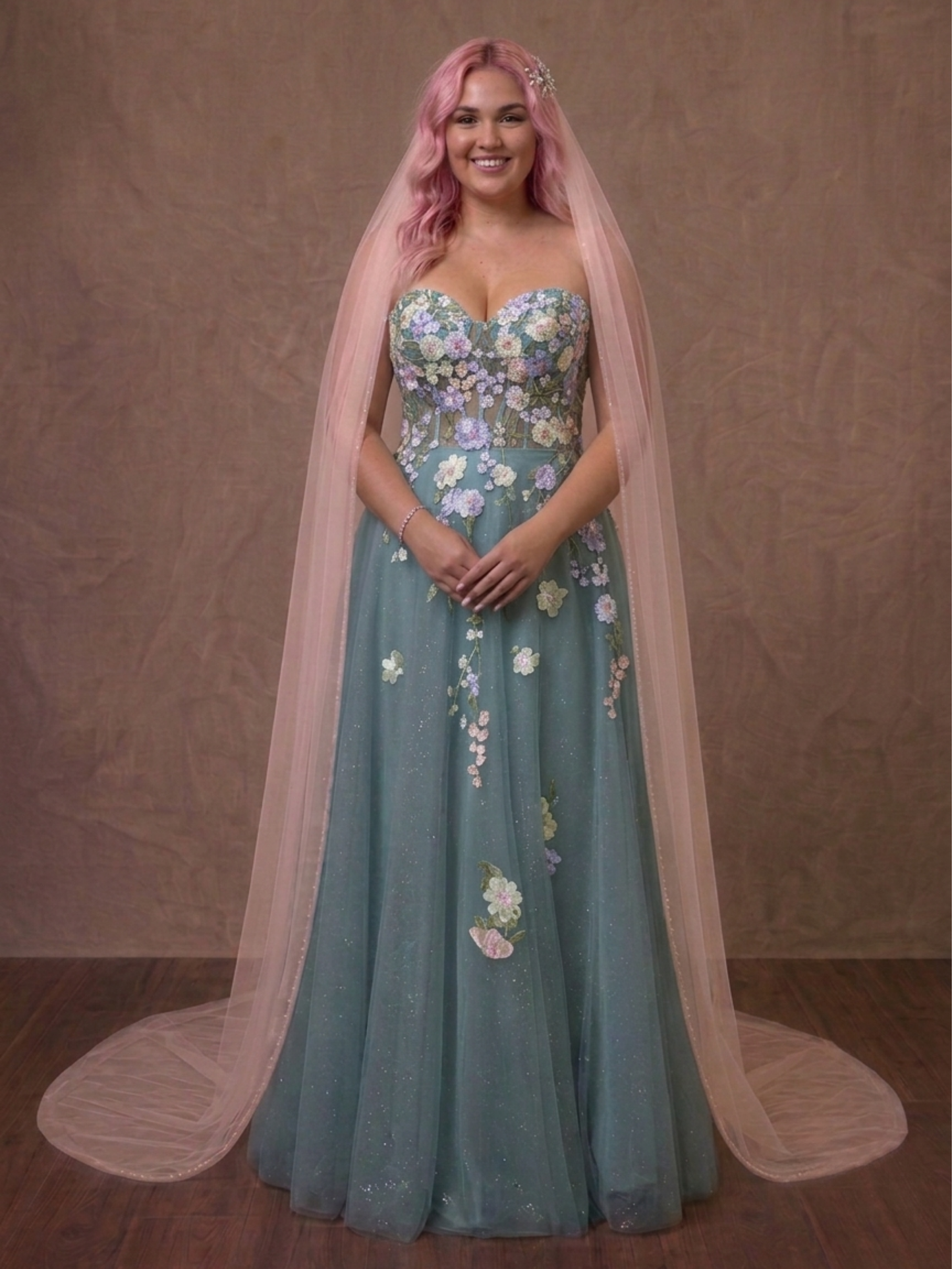 Meadow – Dusty Green Strapless Tulle Gown with Floral Embroidery
