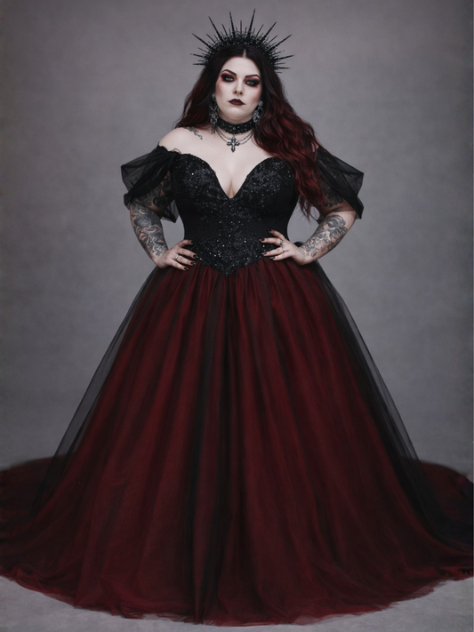 Morgan - Black & Dark Red Off-the-Shoulder Gothic Wedding Dress
