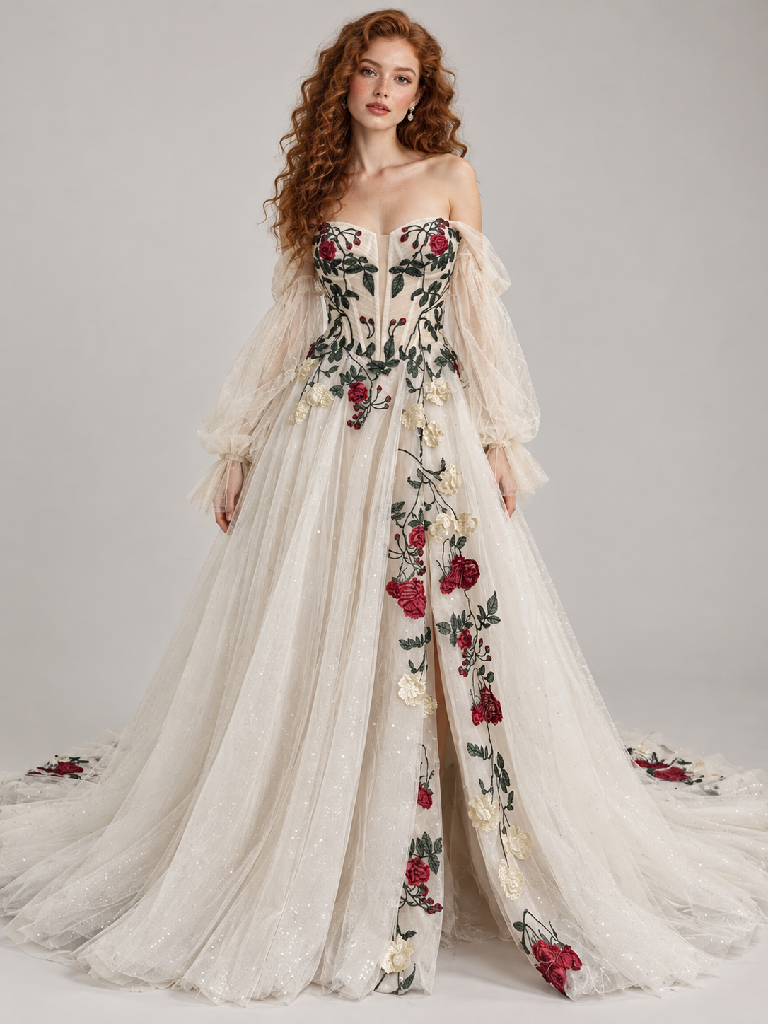 Ophelia – Floral Rose Embroidered A-line Wedding Dress
