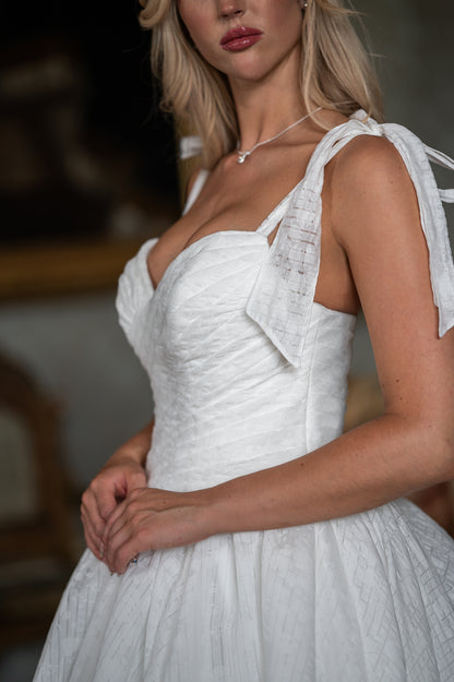 Rosalie RB4239 – Floral Organza Ballgown Wedding Dress with Ribbon Tie Sleeves