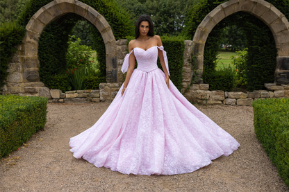 Rosalie RB4239 – Floral Organza Ballgown Wedding Dress with Ribbon Tie Sleeves