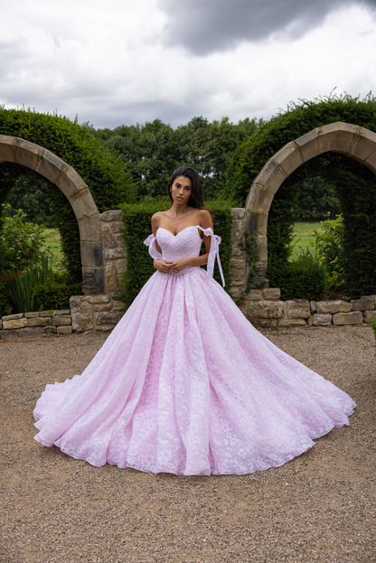 Rosalie RB4239 – Floral Organza Ballgown Wedding Dress with Ribbon Tie Sleeves