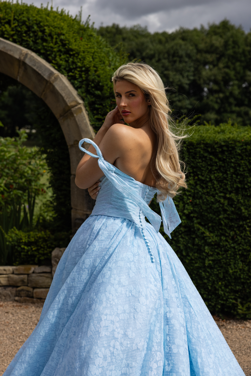 Rosalie RB4239 – Floral Organza Ballgown Wedding Dress with Ribbon Tie Sleeves