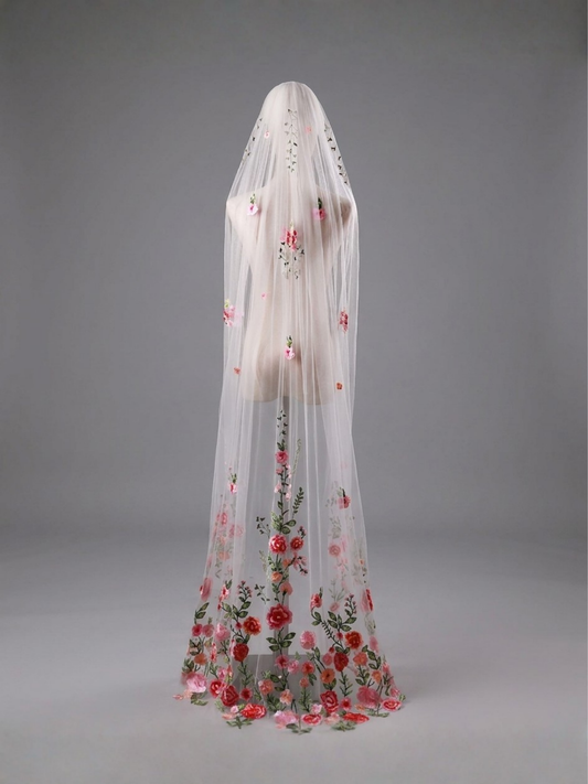 The Secret Garden Veil – Pink & Red Floral Embroidered Floor Length Wedding Veil