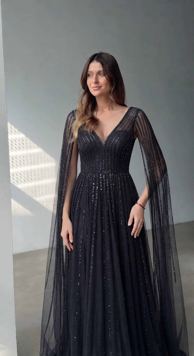 Vespera – Sequined A-Line Gown with Cape Sleeves