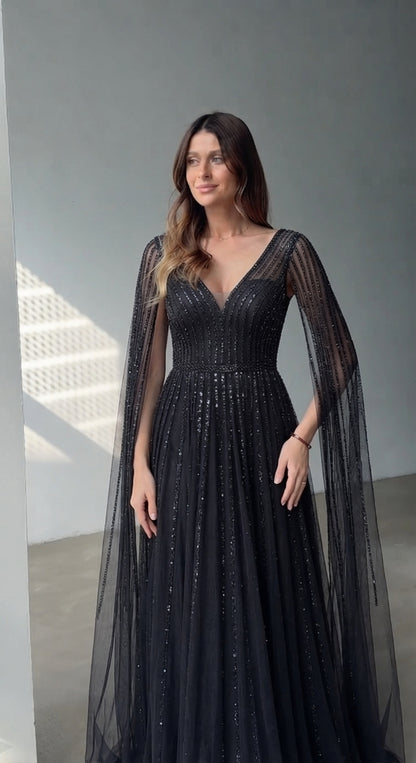 Vespera – Sequined A-Line Gown with Cape Sleeves
