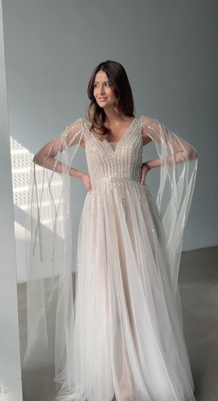 Vespera – Sequined A-Line Gown with Cape Sleeves