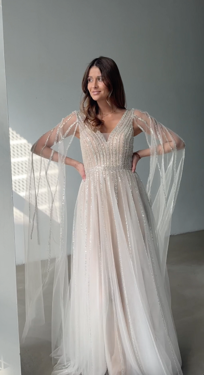 Vespera – Sequined A-Line Gown with Cape Sleeves
