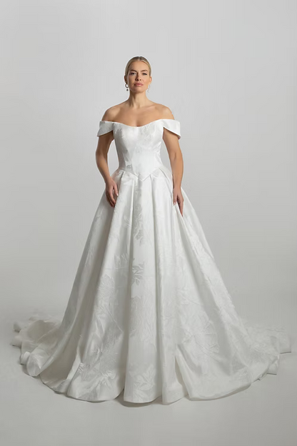 Off-the-Shoulder Pleated Basque A-Line Wedding Dress | ws-odette