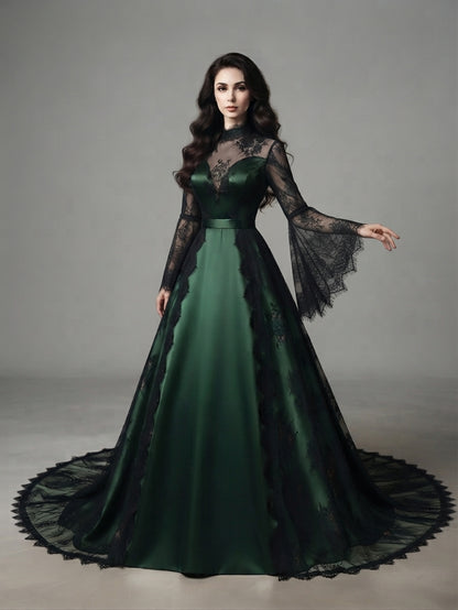 Wren – Vintage Lace Gothic Ball Gown With Bell Sleeves