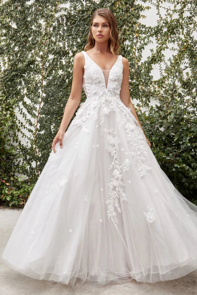 Floral Appliqué Tulle A-Line Gown with Plunging Neckline al-Gardenia