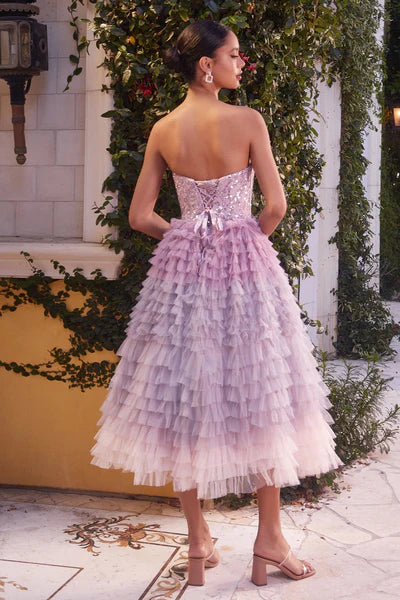 Pastel Ombre Ruffle Tea-Length Gown with Beaded Bodice AL-Aurora
