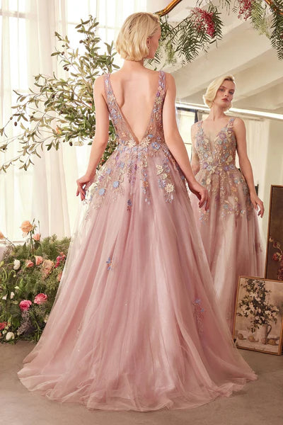 Pink Lace Appliqué A-Line Gown with Layered Tulle Skirt AL-BLOSSOM